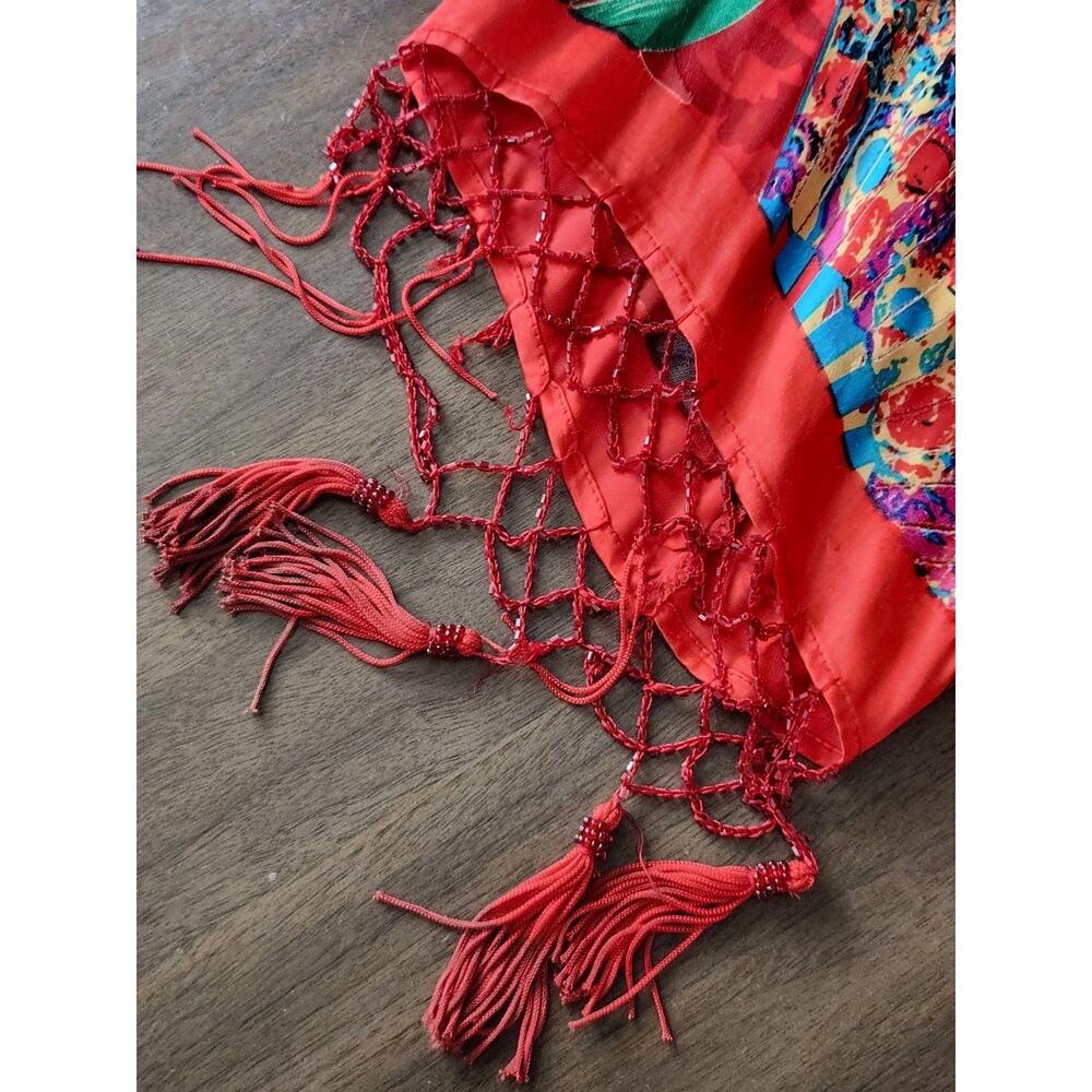 Aria A Vintage Beaded Tassels Silk Blend Floral Kimono Red Multicolor Gipsy Boho - Picture 9 of 9